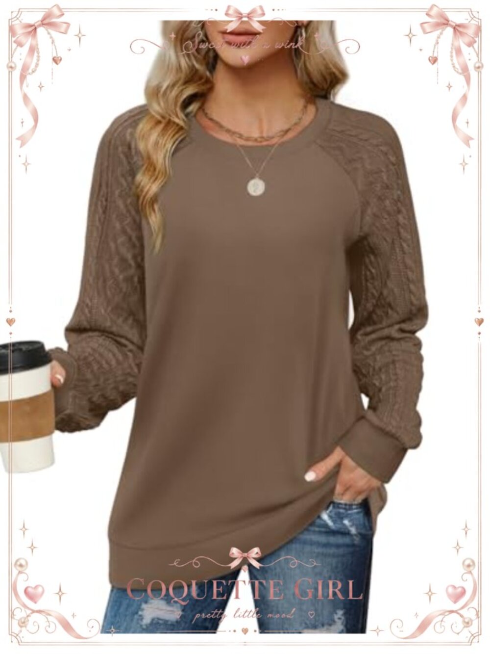 Womens Cable Knit Sleeve Sweatshirt Crewneck Patchwork Pullover Casual